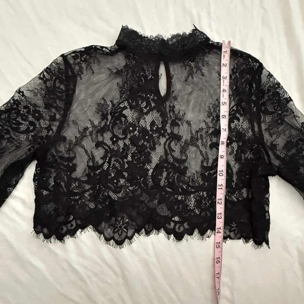SHEIN Black Floral Lace Mock Neck Crop Top Sheer Long Sleeve Eyelash Trim Small